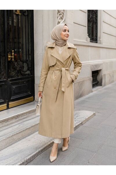 StormWear معطف طويل مبطن بحزام عند الخصر وياقة مزدوجة الصدر للنساء