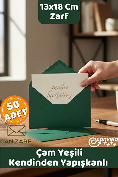 CAN ZARF 50 Adet Çam Yeşili Zarf Kendinden Yapışkanlı 13x18 cm Mektup Kartpos...
