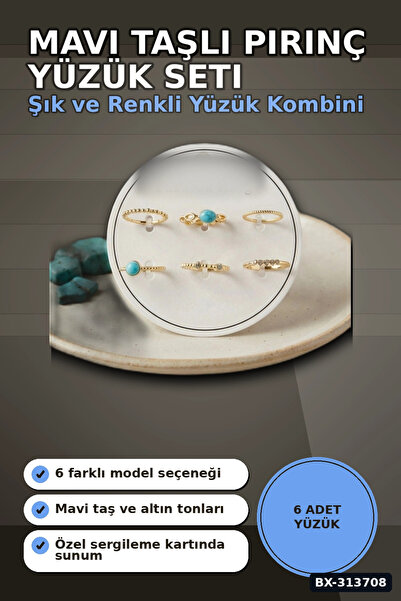 Şeker Portakalım Blue Stone Brass Ring Set 6 Pieces 7-8 Number Bijouterie Jew...