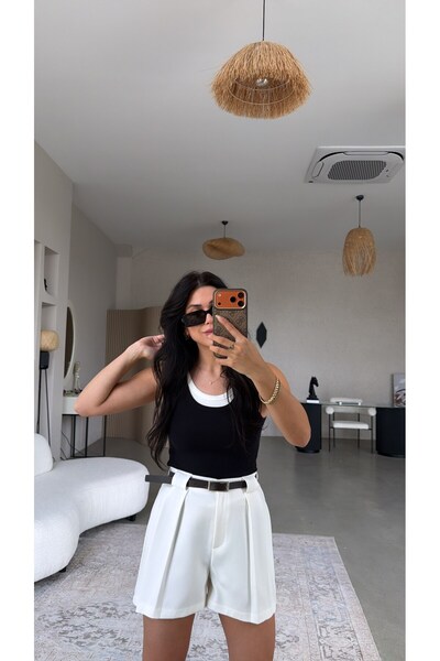 Buket Teke White Self-Belted Thick British Fabric Shorts