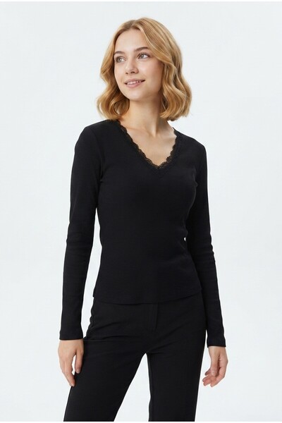 Generic Brand Women's V-Neck Lace Detailed Fititlli Camisole Fabric Long Sleeve Blouse