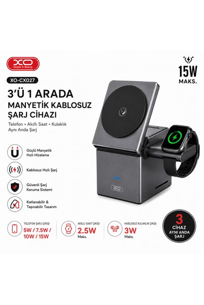 corcishop XO-CX027 Small Square Küp Tasarımlı Telefon & Akıllı Saat & Kulaklık İçin 3in1 Kablosuz Şarj Standı