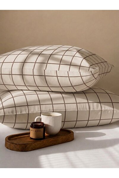 Lorien Beige Checkered Patterned Cotton Ranforce Fabric Zippered Pillowcase 2...