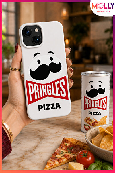 Molly iPhone 13/14 İçin Beyaz Pringles Pizza Flavour Desenli İçi Kadife Silik...