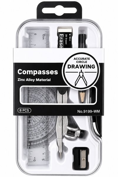 Generic Brand 8-Piece Geometry Compass Set, Zinc Alloy Drawing Compass Kit with Ruler, Protractor, Pencil, Eraser & Sharpener, Math Geometry Set for School, Students, Technical Drawing & Drafting