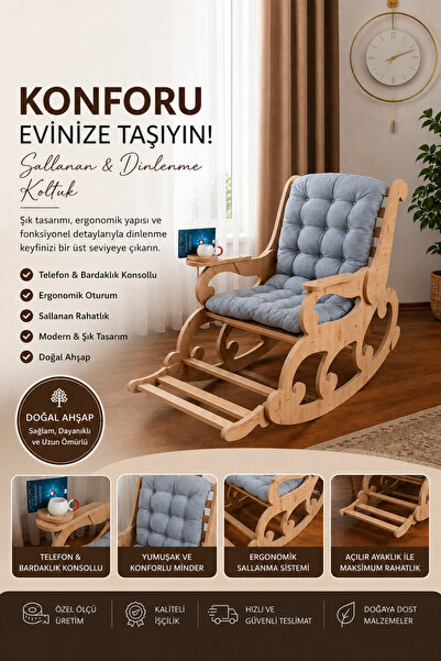 Missidea Detroit Ceviz Sallanan Sandalye – Eko Antrasit Gri Minderli Model