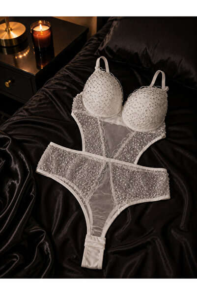 miss nergiz lingerie Kadın Ekru Dantelli Transparan Bodysuit – Babydoll Çıtçı...