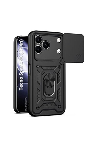 HANPORIUM Tecno Spark 50 4G Uyumlu Tank Kılıf - Yüzüklü Extra Darbe Koruma Zırhlı Outdoor Kapak - Siyah