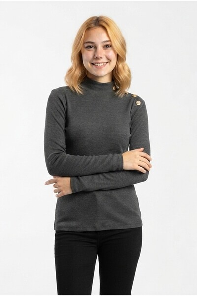 Generic Brand Women's Collar Button Detail Accessory Ribbed Long Sleeve Blouse