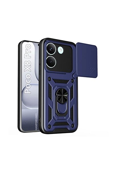HANPORIUM Poco X8 Pro Uyumlu Tank Kılıf Yüzüklü Standlı Extra Darbe Koruma Zırhlı Outdoor Kapak Lacivert