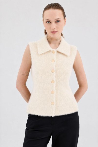 dağons Polo Collar Women's Basic Soft Textured Vest