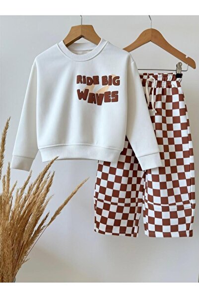 Çocuk Ride Big Waves Baskılı Sweatshirt Kahverengi Ekose Bol Paça Pantolon 2’li Takım