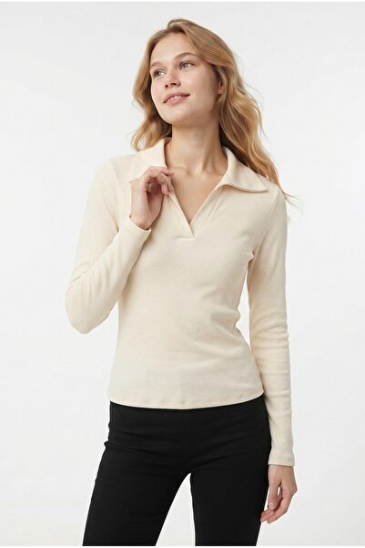 GurkStore Women's Collared Ribbed Camisole Fabric Long Sleeve Blouse