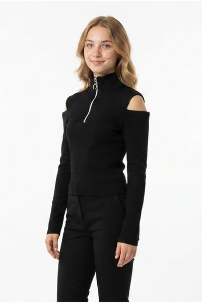 Generic Brand Bluză de damă cu fermoar, guler înalt, decolteu la umeri, din Lycra elastică, cu mânecă lungă