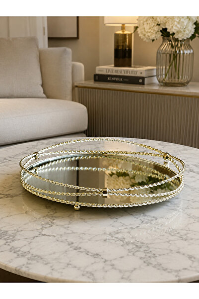 Hinora Home Dekoratif Aynalı Yuvarlak Gümüş Sunum Tepsisi Gold Metal Burgulu ...