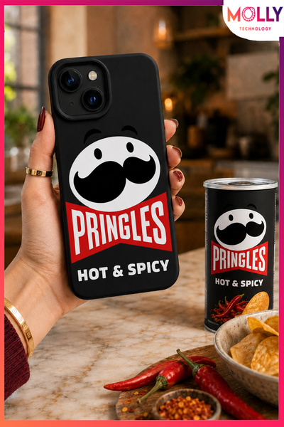Molly iPhone 13/14 İçin Siyah Pringles Hot Spicy Flavour Desenli İçi Kadife S...