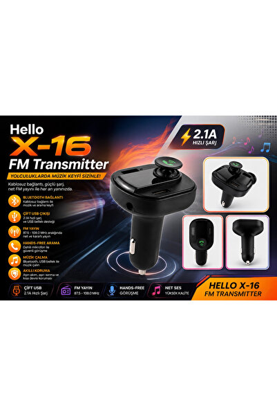 Hello X16 FM Transmitter - Led Ekran 2xUSB-TF-Bluetooth Destekli 2.1A Fm Transmitter