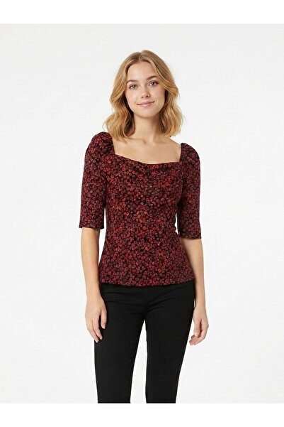 GurkStore Women's Floral Patterned Square Neck Gathered Detailed Elbow Sleeve...