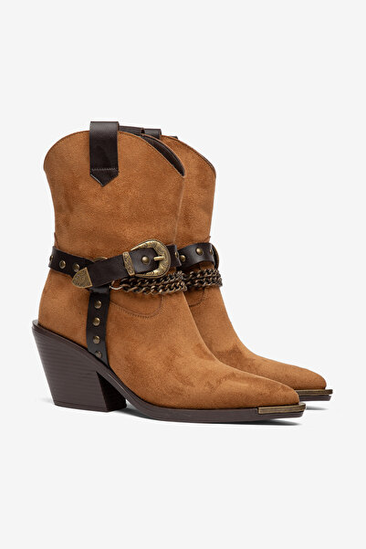 DENORA Tan Matte Suede Chain Buckle Detail Pointed Toe Western Cowboy Boots