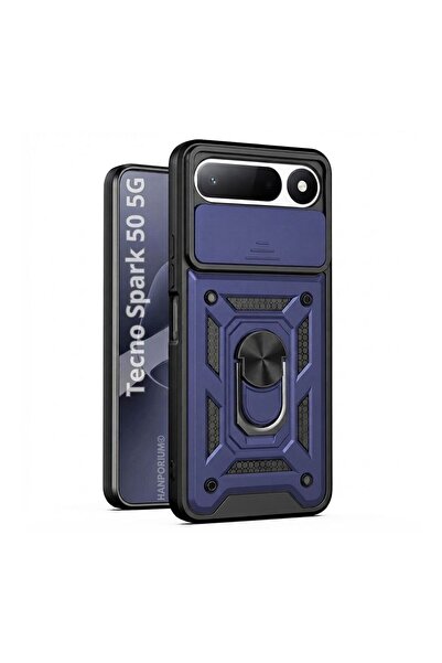 HANPORIUM Tecno Spark 50 5G Uyumlu Tank Kılıf Yüzüklü Extra Darbe Koruma Zırhlı Outdoor Kapak Lacivert