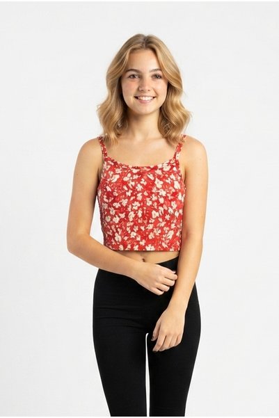 Generic Brand Top crop pentru femei, cu model floral, cu bretele subțiri, din material elastic, fără mâneci, de vară, casual, model bustieră