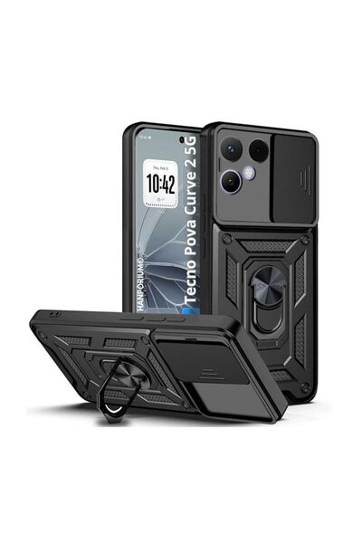 HANPORIUM Tecno Pova Curve 2 5G Uyumlu Tank Kılıf Yüzüklü Extra Darbe Koruma Zırhlı Outdoor Kapak Siyah
