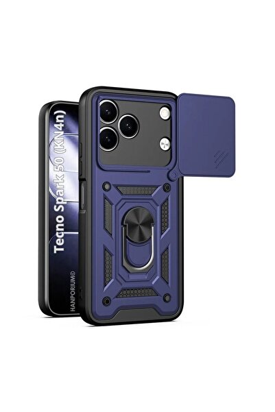 HANPORIUM Tecno Spark 50 4G Uyumlu Tank Kılıf Yüzüklü Extra Darbe Koruma Zırhlı Outdoor Kapak Lacivert