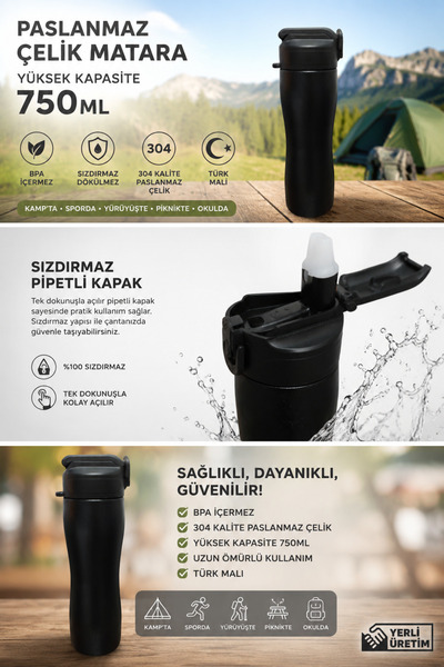 Bienly Paslanmaz Çelik Matara – Pipetli Sızdırmaz Kapak 750ml
