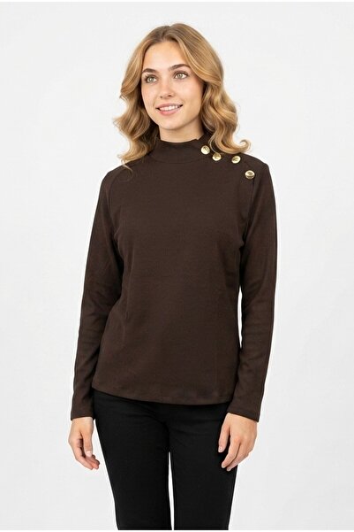 GurkStore Women's Collar Button Detail Accessory Ribbed Long Sleeve Blouse
