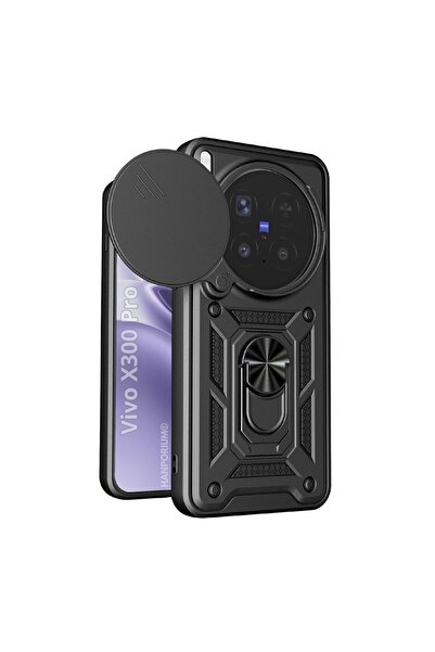 HANPORIUM Vivo X300 Pro Uyumlu Tank Kılıf Yüzüklü Standlı Extra Darbe Koruma Zırhlı Outdoor Kapak Siyah