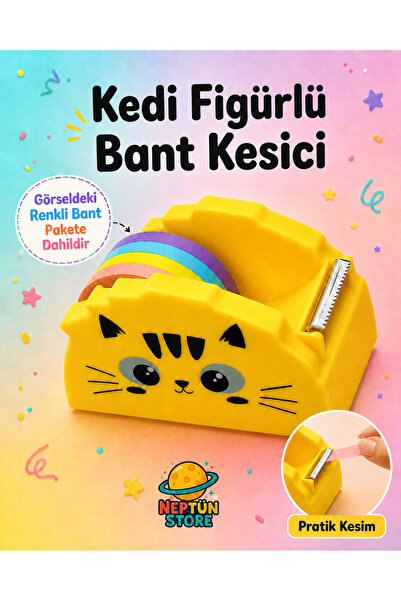 neptünstore Kedi Figürlü Sevimli Bant Kesici- Renkli Bantlı