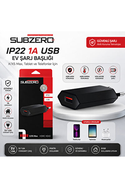 SUBZERO IP22 1A USB Ev Şarj Başlığı – X/XS Max, Telefon ve Tablet Uyumlu