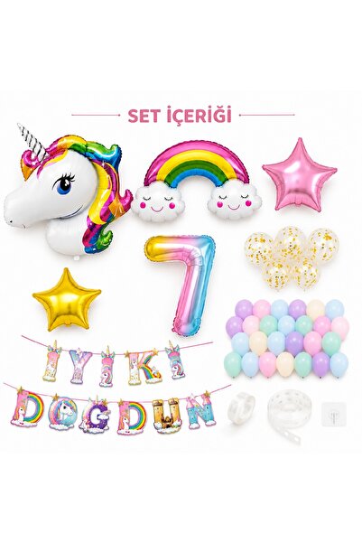 Bkmc Unicorn Doğum Günü Parti Süsleme Seti | 1-9 Yaş Rakamlı Gökkuşağı Balon Seti | İyi Ki Doğdun Dekorasyon Doğum Günü Parti Seti Süsü