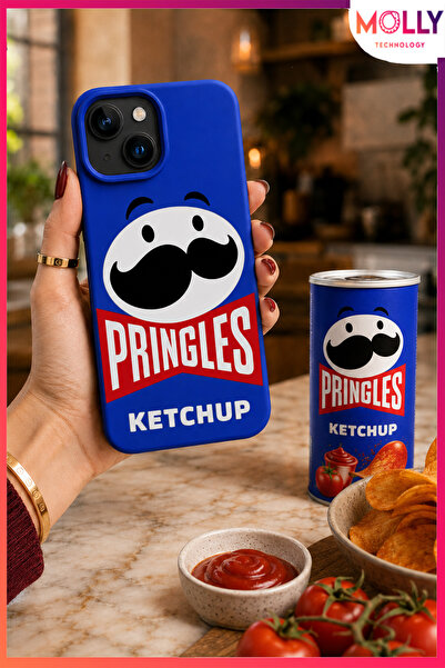 Molly iPhone 15 İçin Saks Mavisi Pringles Ketchup Flavour Desenli İçi Kadife ...