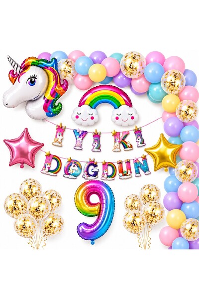 BKMC PARTY Premium Unicorn Doğum Günü Süsleme Seti | Gökkuşağı Balon Zinciri | 1-9 Yaş Rakamlı İyi Ki Doğdun Set Doğum Günü Parti Seti Süsü