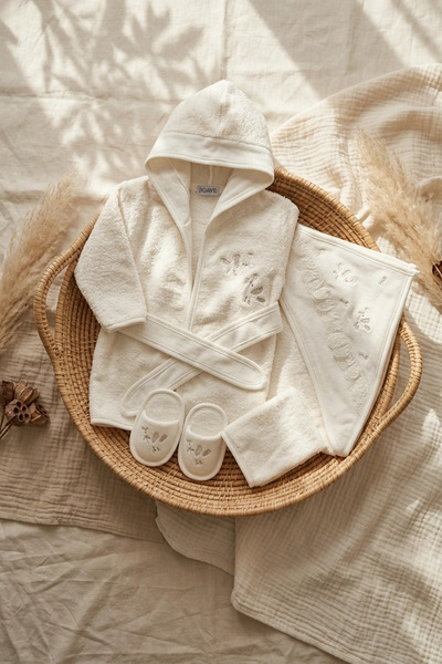 ANP MODA TASARIM Bird Embroidered 100% Natural Cotton 3-Piece Baby Bathrobe S...