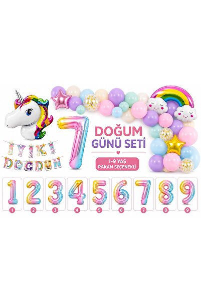 BKMC PARTY Premium Unicorn Doğum Günü Süsleme Seti | Gökkuşağı Balon Zinciri | 1-9 Yaş Rakamlı İyi Ki Doğdun Set Doğum Günü Parti Seti Süsü