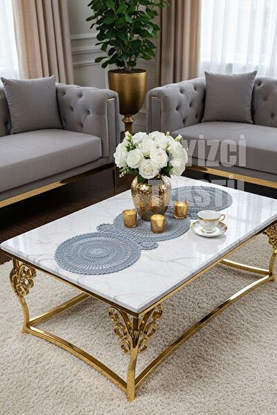 Dantel Detaylı Gümüş Oval Runner (115x35cm)