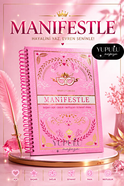 YUPULU Manifest Günlüğü 96 Adet Stickerlı Ajanda Pembe (Spiralli Defter) Sevg...