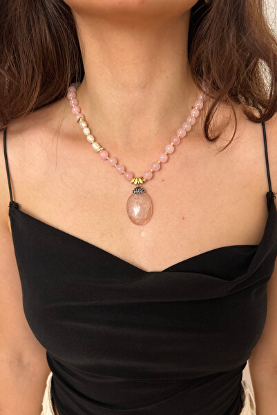 Suerte Accessories Pink Quartz Natural Stone Handmade Special Design Necklace...