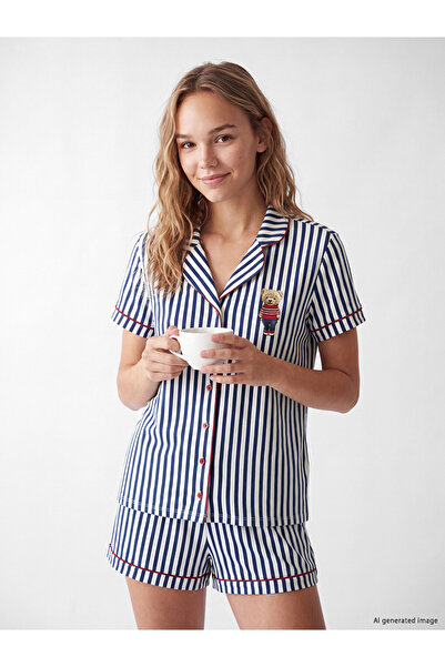 LC Waikiki Shirt Collar Striped Women's Shorts Pajama Set