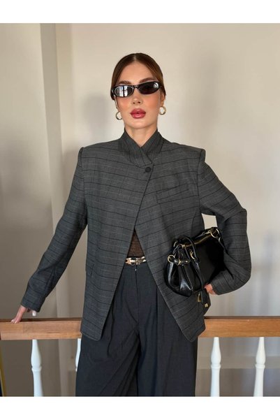 YK FASHION Tek Düğmeli Çizgi Detaylı Vatkalı Ceket