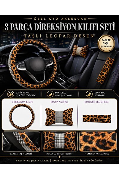 Adıfeks Leopar Desenli Taşlı Direksiyon Kılıfı 3’lü Set – 1 Boyun Yastığı + 1...