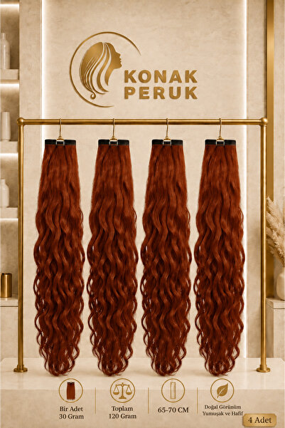 KONAK PERUK Fiber Sentetik Uzun Afro Dalgalı 4 Parça Çıt Çıt - Bakır