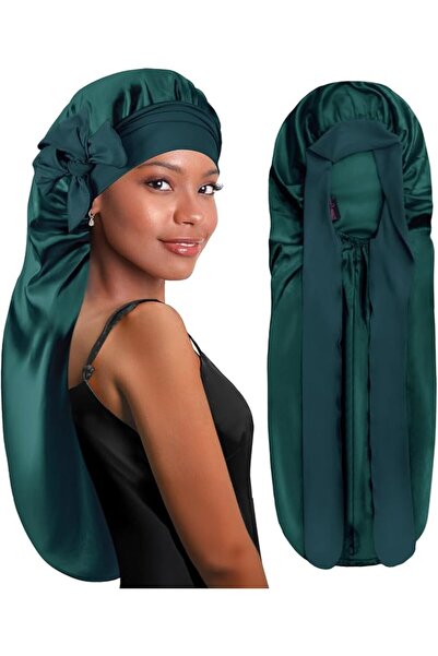 BONNET QUEEN قبعة حريرية للضفائر، قبعة نوم من الساتان، لون أخضر داكن
