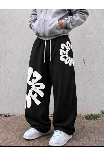 JANTIL MODA Unisex Μαύρο Φούτερ με Στρογγυλά Γράμματα και Φαρδιά Μπατζάκια