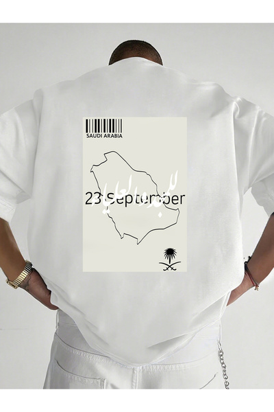 MUZİ Saudi National Day Men and Women's 100% Cotton T-Shirt Printed Round Nec...
