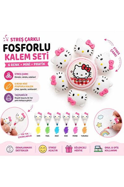 PeriMila Hello Kitty Figürlü Stres Çarklı 6 Renk Mini Fosforlu Kalem Seti