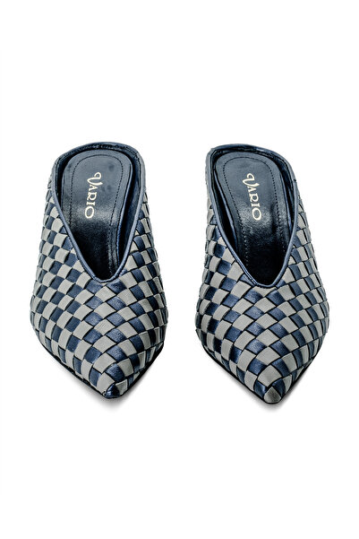 Vario Knitted Leather Mule Heeled Slippers Z652 Napa Sedefli Navy Blue Gray C3116