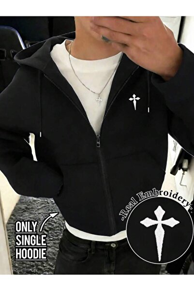 modaberry Black Cross Logo Sweatshirt Zippered Cardigan - Printed Oversized P...